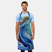 青と金ゴールド抽象芸術海波アートワーク エプロン (着用した状態)