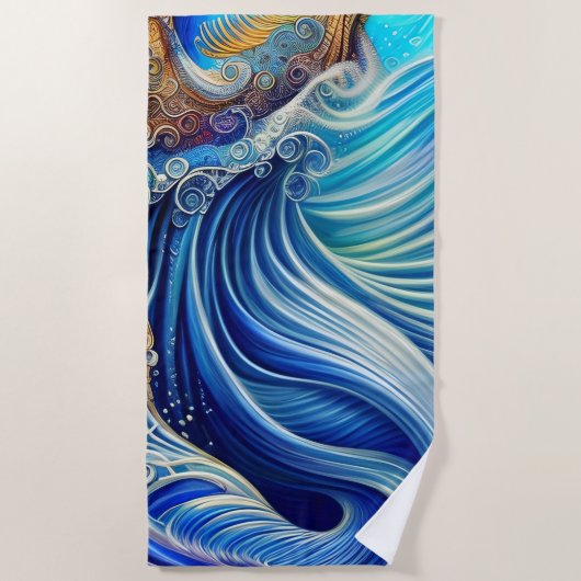 青と金ゴールド抽象芸術海波アートワーク ビーチタオル (正面)