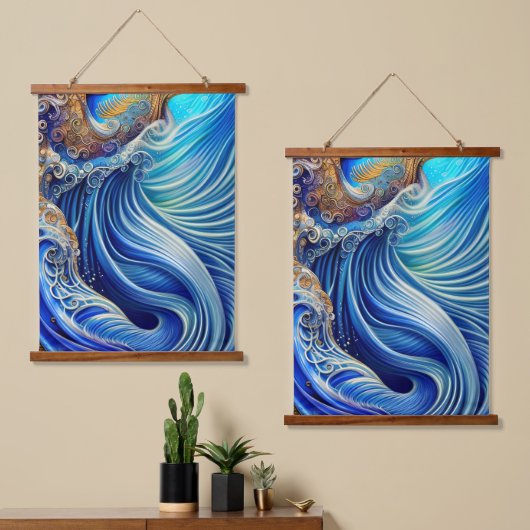 青と金ゴールド抽象芸術海波アートワーク 吊り下げ型タペストリー (非対称)