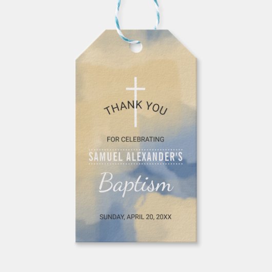 青と金ゴールド水彩少年バプテスマありがとう ギフトタグ (正面)