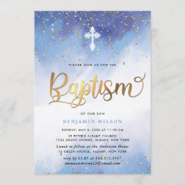青と金ゴールド水彩少年洗礼 招待状