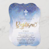 青と金ゴールド水彩少年洗礼 招待状 (正面/裏面)