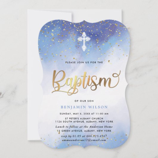 青と金ゴールド水彩少年洗礼 招待状 (正面)