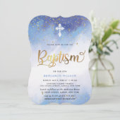 青と金ゴールド水彩少年洗礼 招待状 (スタンド正面)