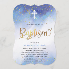 青と金ゴールド水彩少年洗礼 招待状