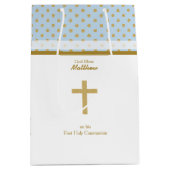 青と金ゴールド水玉模様 ミディアムペーパーバッグ (正面)