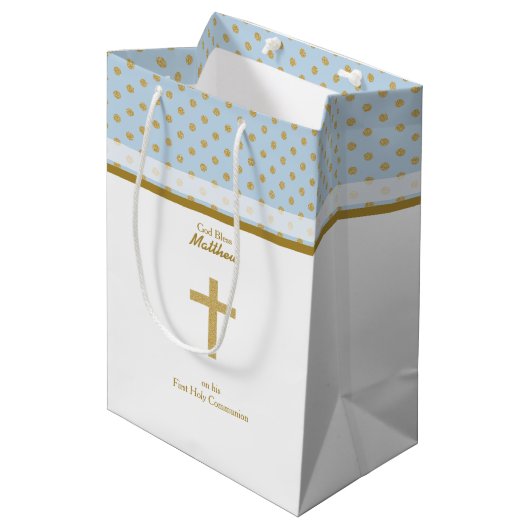 青と金ゴールド水玉模様 ミディアムペーパーバッグ (正面アングル)