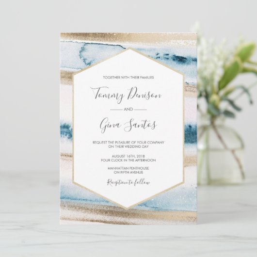 青と金ゴールド水色絵を描結婚式招待状 招待状 (スタンド正面)