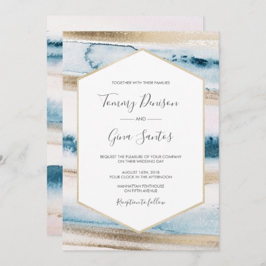 青と金ゴールド水色絵を描結婚式招待状 招待状 (正面/裏面)