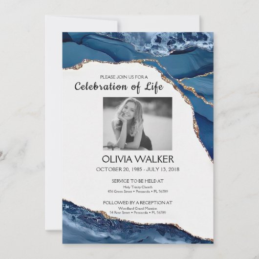 青と金ゴールド祝の葬儀は 招待状 (正面)