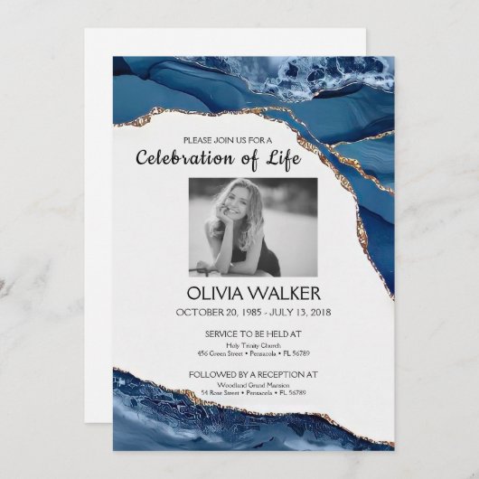 青と金ゴールド祝の葬儀は 招待状 (正面/裏面)