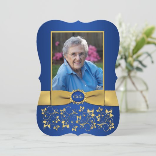青と金ゴールド第65王室の回フォト誕生日招待状 招待状 (スタンド正面)
