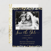 青と金ゴールド紙吹雪写真結婚式の日付を保存 案内ポストカード (正面/裏面)