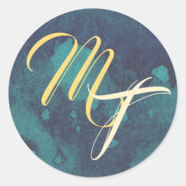青と金ゴールド結婚のモノグラム封筒用シール ラウンドシール