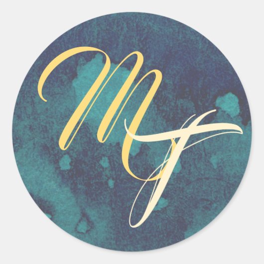 青と金ゴールド結婚のモノグラム封筒用シール ラウンドシール (正面)