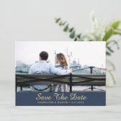 青と金ゴールド結婚の写真は日付カードを保存 セーブザデート (スタンド正面)