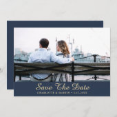 青と金ゴールド結婚の写真は日付カードを保存 セーブザデート (正面/裏面)