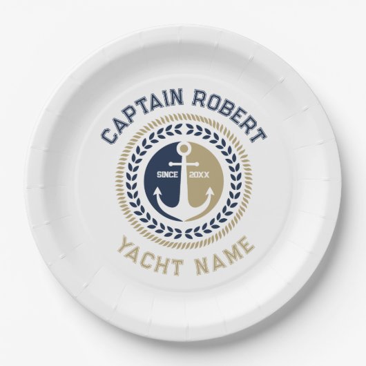 青と金ゴールド航海ののいかり ペーパープレート (正面)