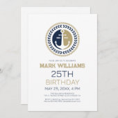 青と金ゴールド航海ののいかり 招待状 (正面/裏面)