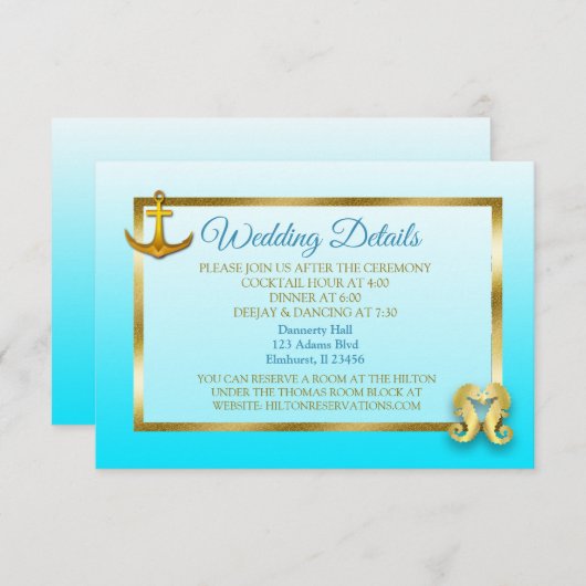 青と金ゴールド航海のの結婚詳細カード エンクロージャーカード (正面/裏面)