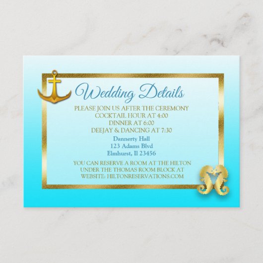 青と金ゴールド航海のの結婚詳細カード エンクロージャーカード (正面)