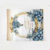 青と金ゴールド花Sweet sixteenパーティー壁 タペストリー (正面(横))