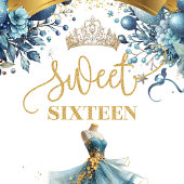 青と金ゴールド花Sweet sixteenパーティー壁 タペストリー