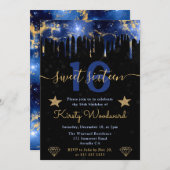 青と金ゴールド銀河系大理石Sweet sixteen 招待状 (正面/裏面)