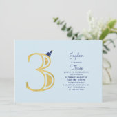 青と金ゴールド |かわいいモダン男の子の誕生日パーティー 招待状 (スタンド正面)