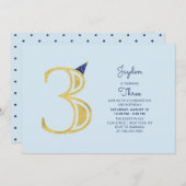 青と金ゴールド |かわいいモダン男の子の誕生日パーティー 招待状 (正面/裏面)