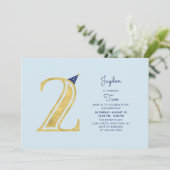 青と金ゴールド |かわいいモダン男の子の誕生日パーティー 招待状 (スタンド正面)