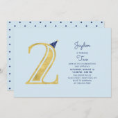 青と金ゴールド |かわいいモダン男の子の誕生日パーティー 招待状 (正面/裏面)