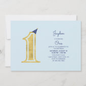 青と金ゴールド |かわいいモダン男の子1歳の誕生日パーティー 招待状 (正面)