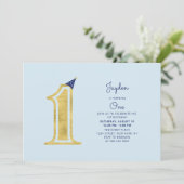 青と金ゴールド |かわいいモダン男の子1歳の誕生日パーティー 招待状 (スタンド正面)