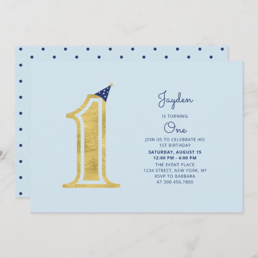 青と金ゴールド |かわいいモダン男の子1歳の誕生日パーティー 招待状 (正面/裏面)