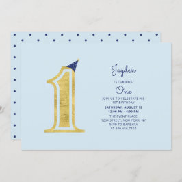 青と金ゴールド |かわいいモダン男の子1歳の誕生日パーティー 招待状