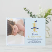 青と金ゴールド |かわいいモダン男の子1歳の誕生日パーティー 招待状 (スタンド正面)