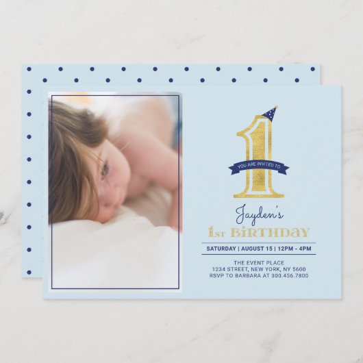 青と金ゴールド |かわいいモダン男の子1歳の誕生日パーティー 招待状 (正面/裏面)