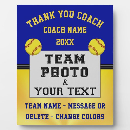 青と金ゴールド、カスタム写真、ソフトボールのコーチのギフト、 フォトプラーク (正面)