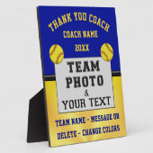 青と金ゴールド、カスタム写真、ソフトボールのコーチのギフト、 フォトプラーク (側面)