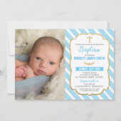 青と金ゴールド《キリスト教》洗礼式や命名式バプテスマ男の赤ちゃん写真 招待状 (正面)