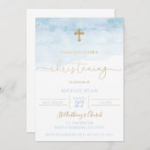 青と金ゴールド《キリスト教》洗礼式や命名式招待状男の赤ちゃん 招待状 (正面/裏面)