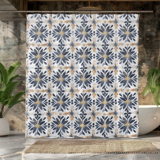 青と金ゴールド シャワーカーテン