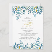 青と金ゴールド |ボタニカル結婚スクリプト 招待状 (正面)