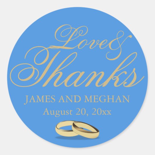 青と金ゴールド、愛感謝していと、パーソナライズされた結婚の ラウンドシール (正面)