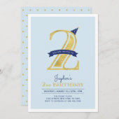 青と金ゴールド |男の子の誕生日パーティー 招待状 (正面/裏面)