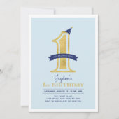 青と金ゴールド |男の子1歳の誕生日パーティー 招待状 (正面)
