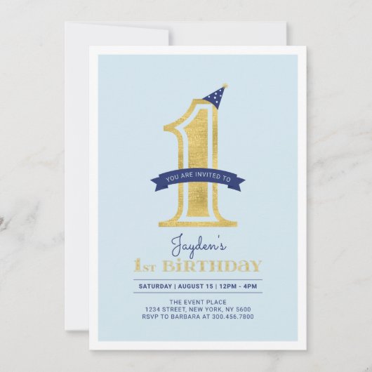 青と金ゴールド |男の子1歳の誕生日パーティー 招待状 (正面)