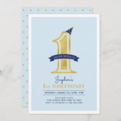青と金ゴールド |男の子1歳の誕生日パーティー 招待状 (正面/裏面)