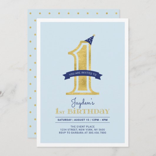 青と金ゴールド |男の子1歳の誕生日パーティー 招待状 (正面/裏面)